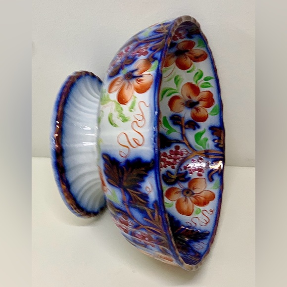 19th Century Vtg Gaudy Welsh Grape Pattern Flow Blue Lusterware Pedestal Bowl - Picture 7 of 16